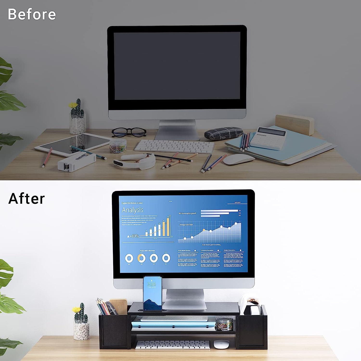 AMERIERGO Monitor Stand Desk Organization with DIY Storage Space, Monitor Riser Stand with Storage with 2 Slots & Phone Holder, Computer Stand 2 Tier for Home Office Use - Image 3